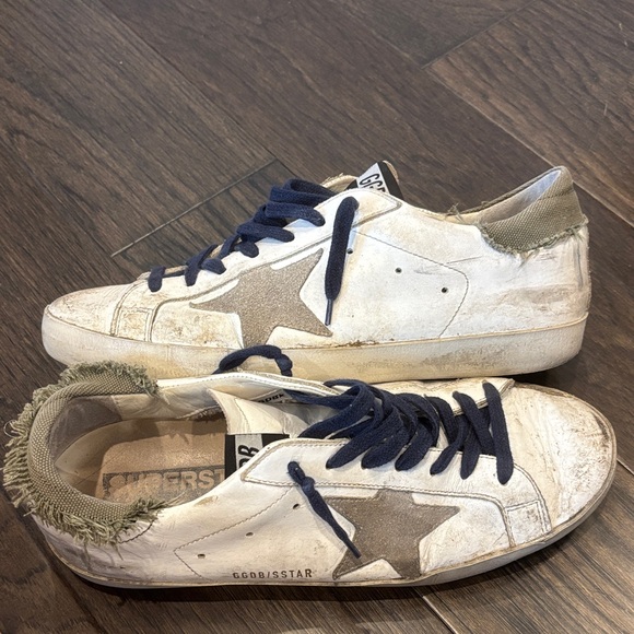 Golden Goose White Superstar Sneakers with Navy Laces - Picture 1 of 7